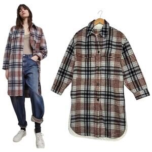 Zara Shirt Jacket Womens Small Blue Gray Plaid Shacket Wool Long Coat Pockets